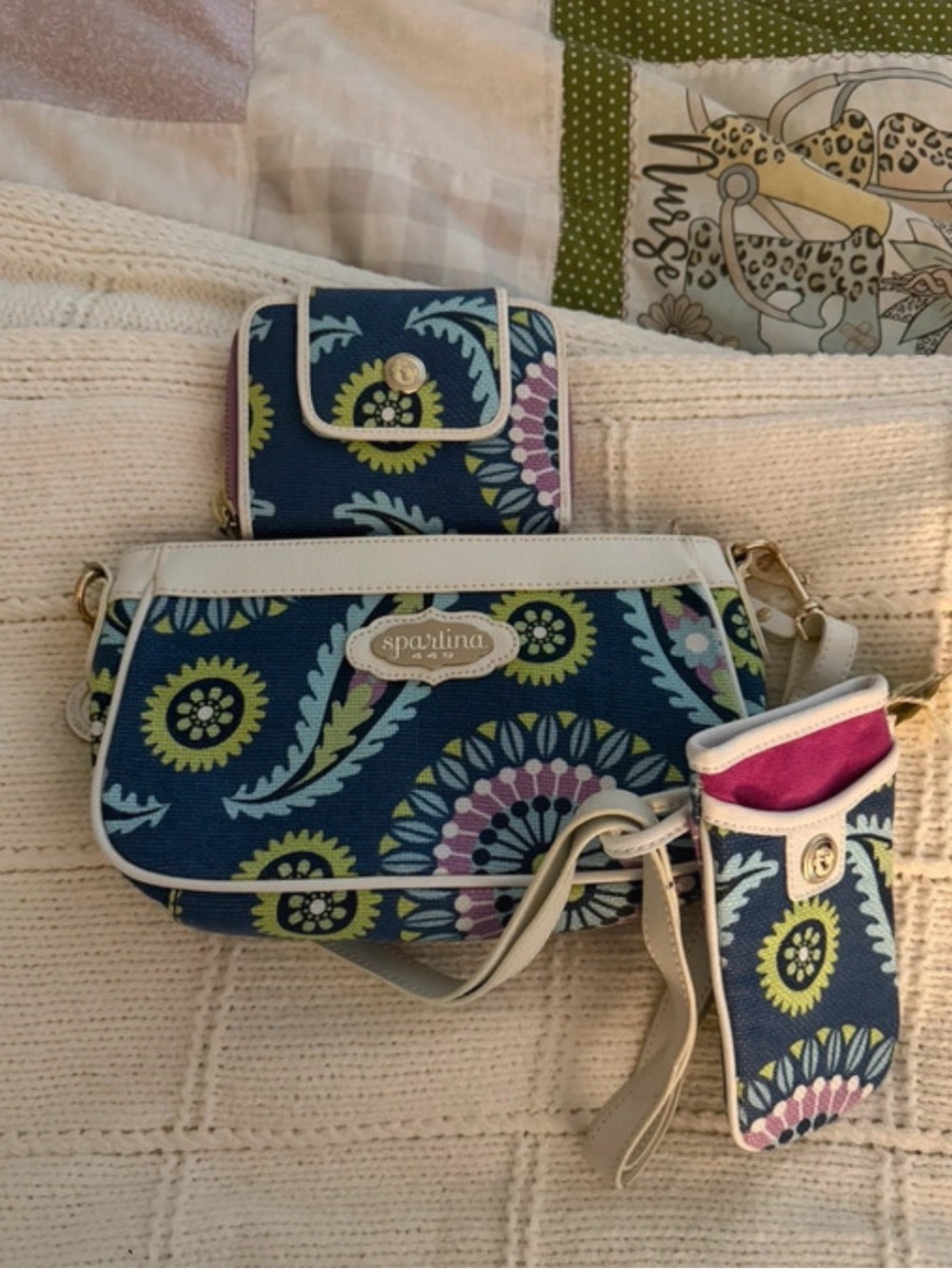 Spartina 449 Navy Floral Crossbody Set (3 items)with Cream Trim and Pink Accents